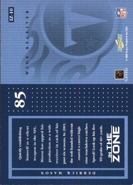 2002 Score In the Zone #10 Derrick Mason back image