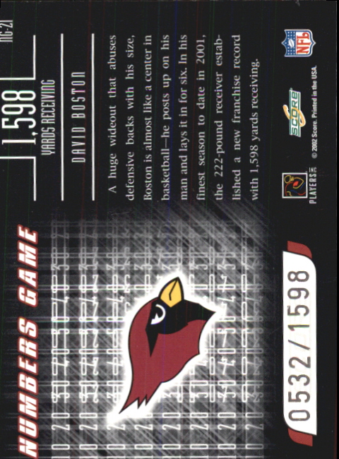 2002 Score Numbers Game #21 David Boston/1598 back image