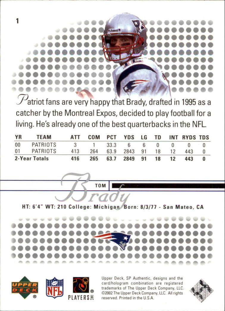 2002 SP Authentic #1 Tom Brady back image