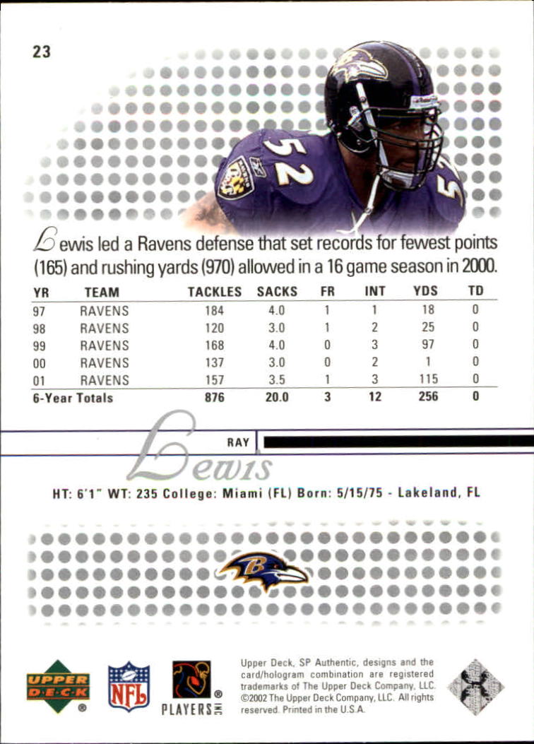 2002 SP Authentic #23 Ray Lewis back image