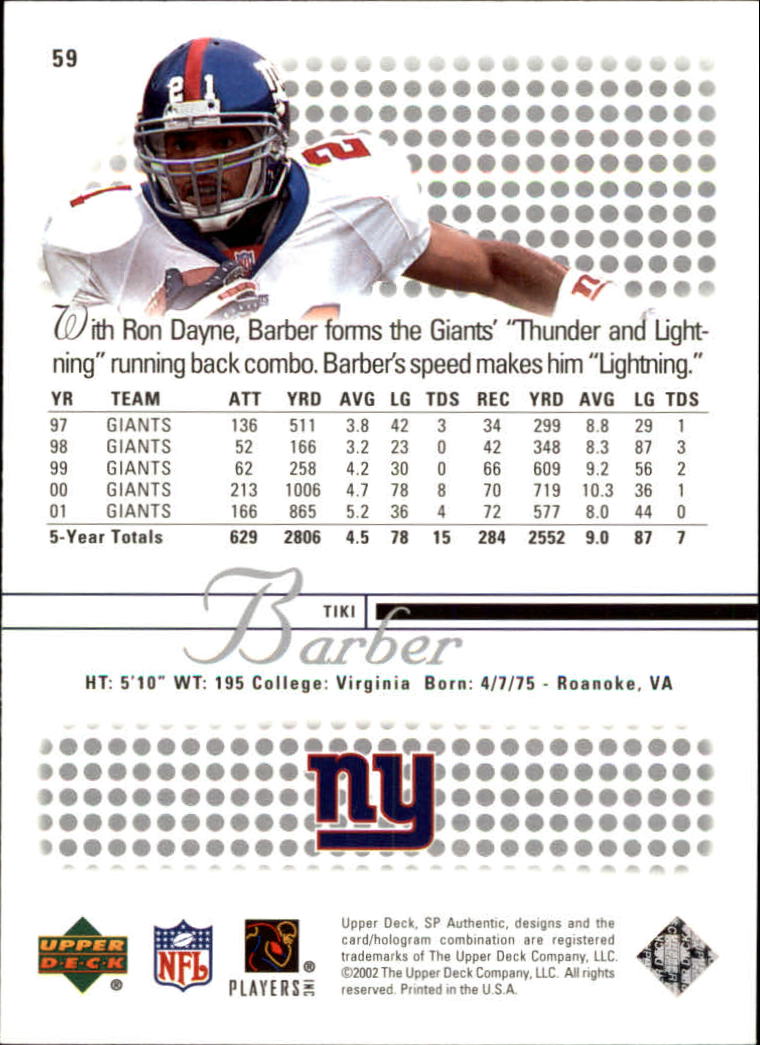 Tiki Barber autographed football card (New York Giants) 2002