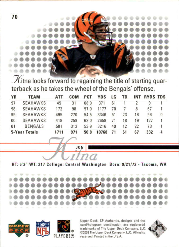 2002 SP Authentic #70 Jon Kitna back image