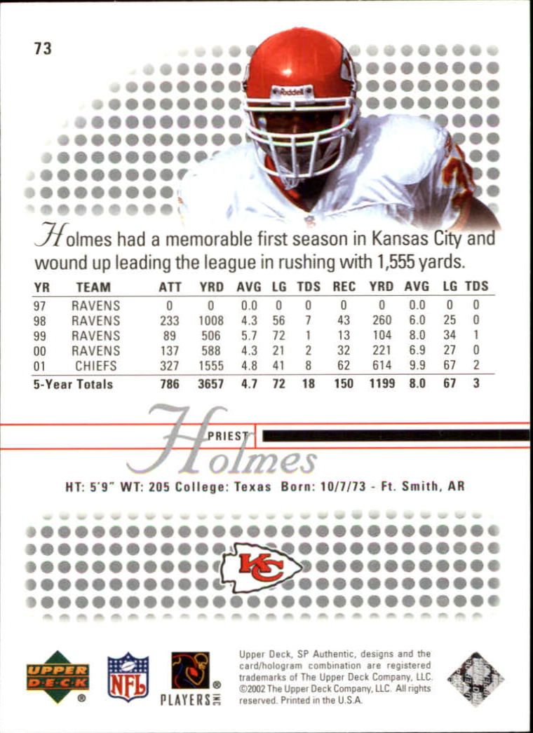2002 SP Authentic #73 Priest Holmes back image