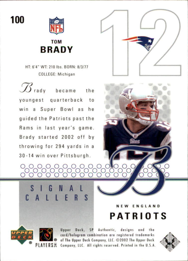2002 SP Authentic #100 Tom Brady SC back image