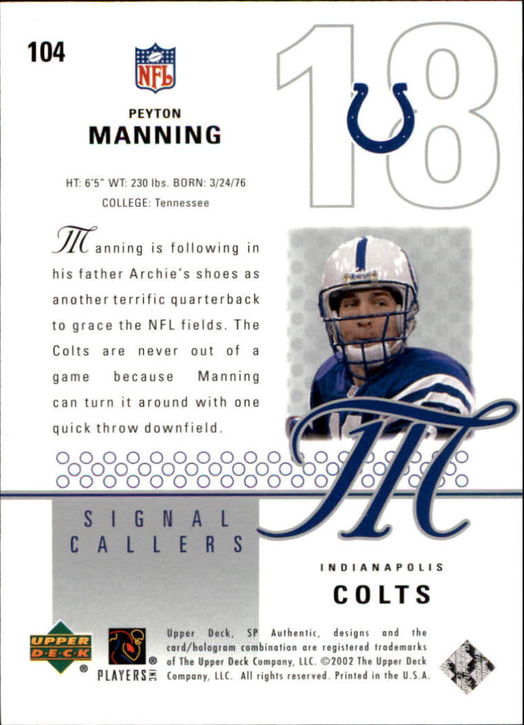2002 SP Authentic #104 Peyton Manning SC back image