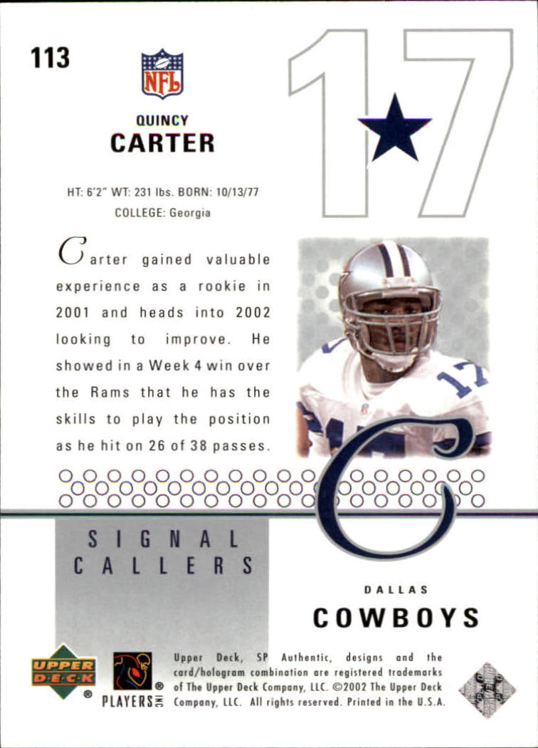 2002 SP Authentic #113 Quincy Carter SC back image
