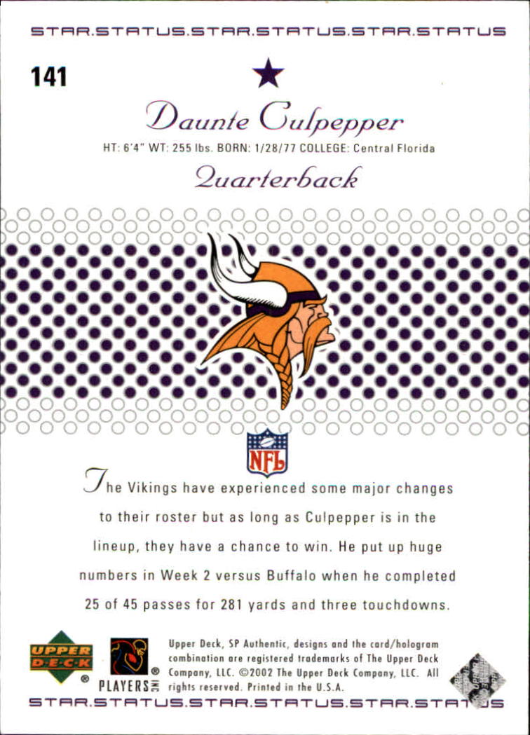 2002 SP Authentic #141 Daunte Culpepper SS back image