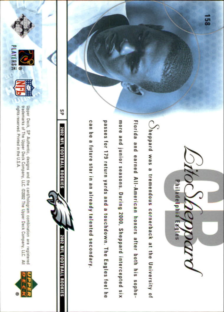 2002 SP Authentic #158 Lito Sheppard RC back image