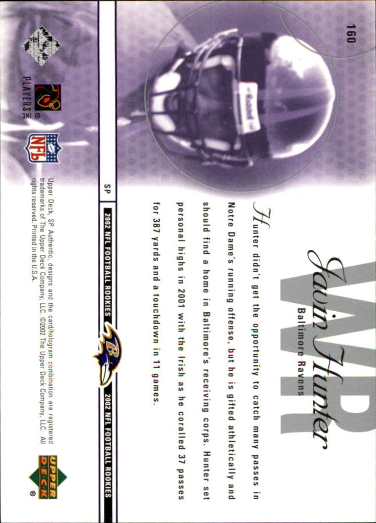 2002 SP Authentic #160 Javin Hunter RC back image