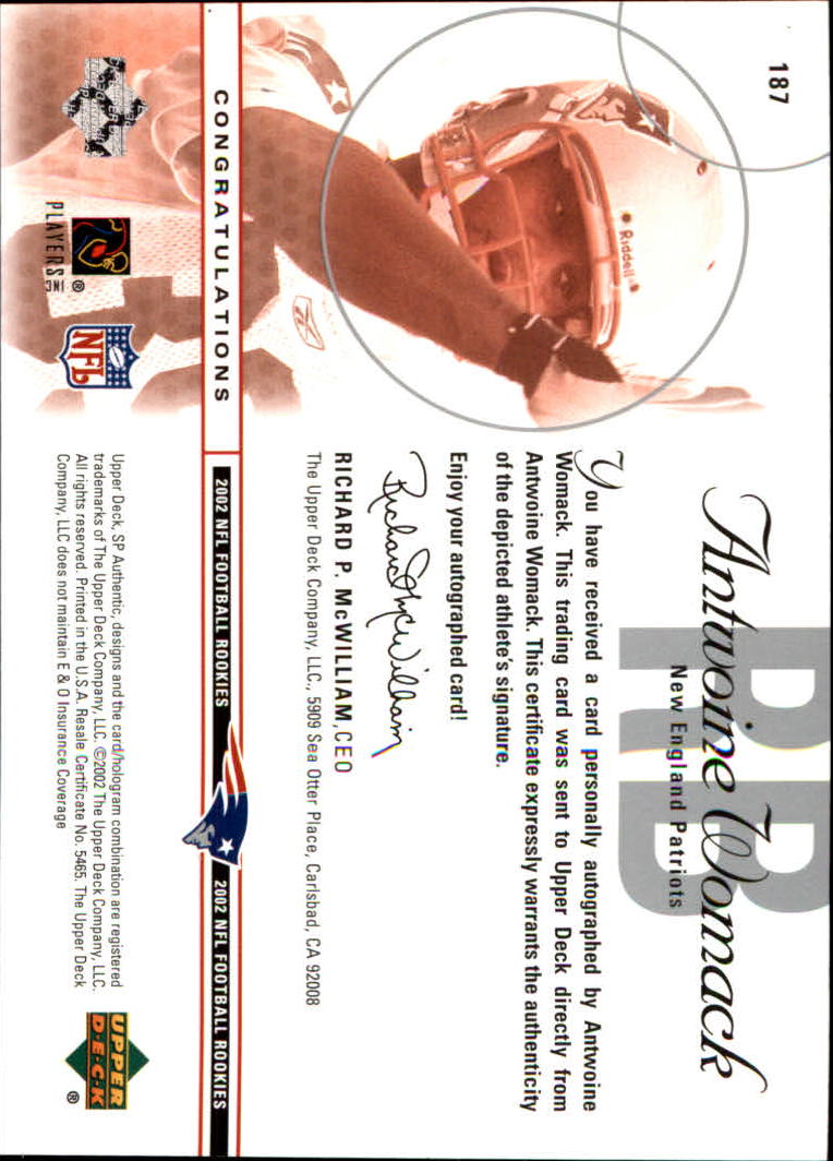 2002 SP Authentic #187 Antwoine Womack AU RC back image