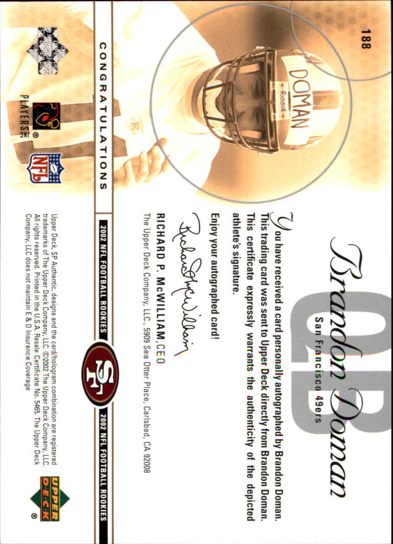 2002 SP Authentic #188 Brandon Doman AU RC back image