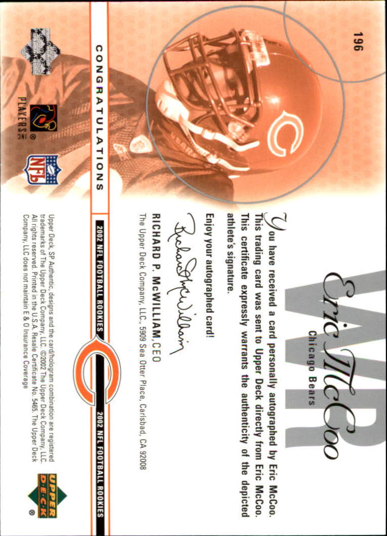 2002 SP Authentic #196 Eric McCoo AU RC back image