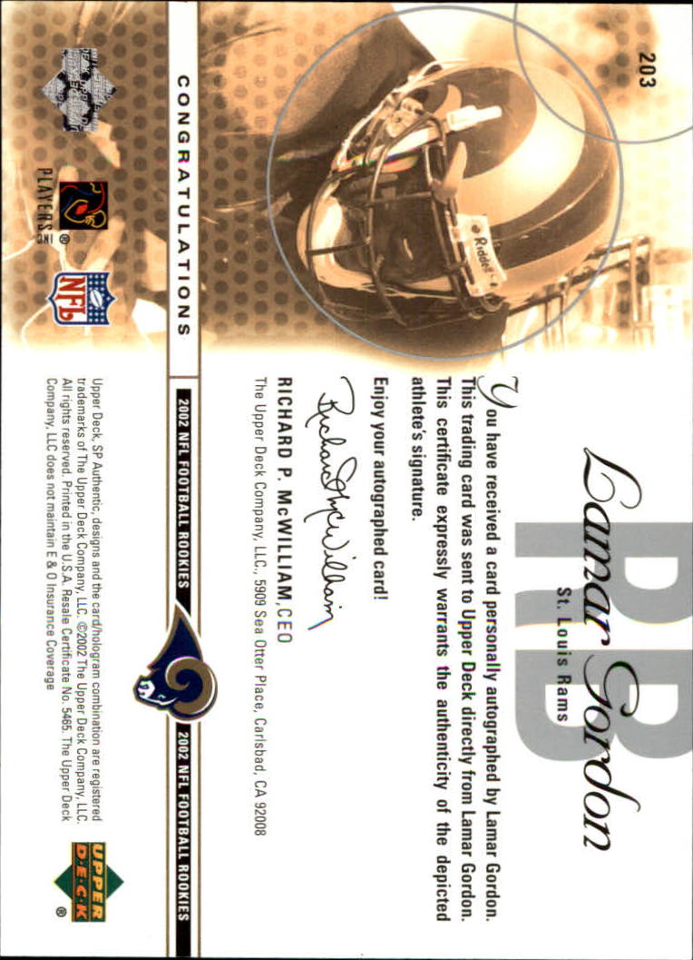 2002 SP Authentic #203 Lamar Gordon AU RC back image