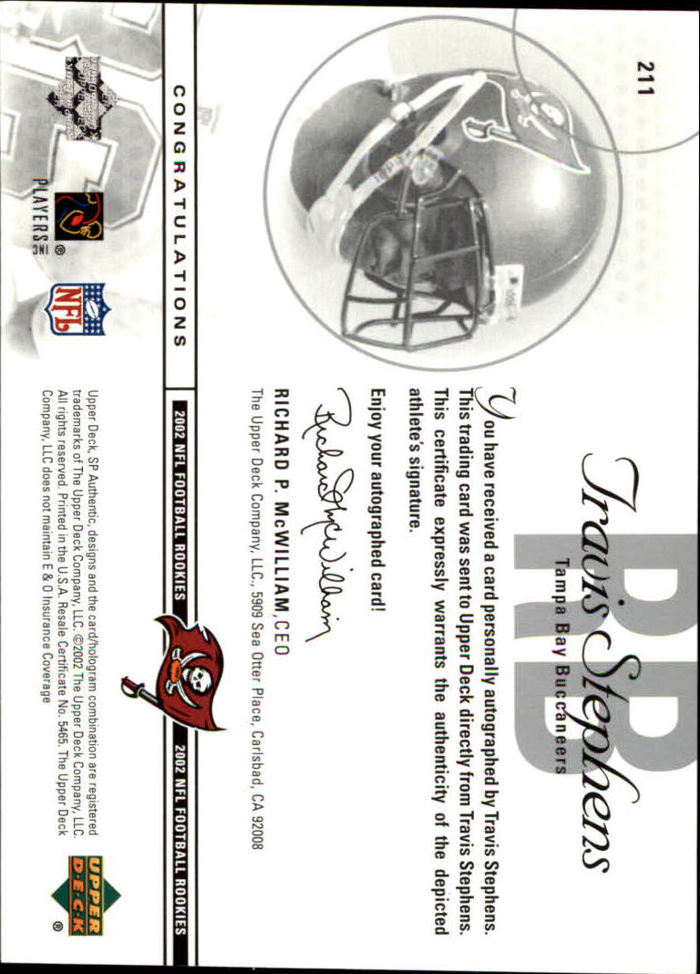 2002 SP Authentic #211 Travis Stephens AU RC back image