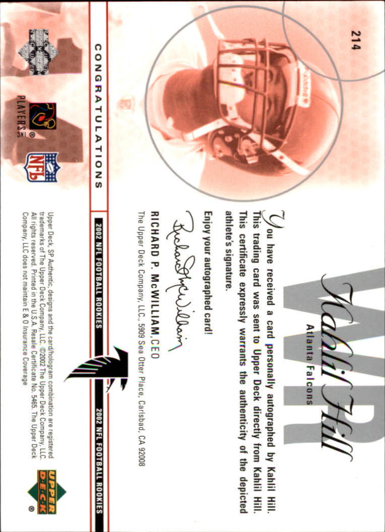 2002 SP Authentic #214 Kahlil Hill AU RC back image