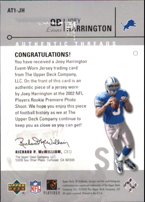 2002 SP Authentic Threads #AT1JH Joey Harrington back image