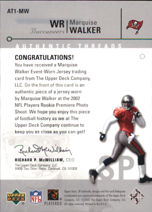 2002 SP Authentic Threads #AT1MW Marquise Walker back image