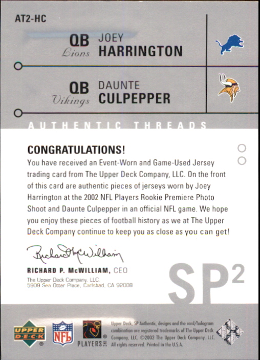 2002 SP Authentic Threads Doubles #AT2HC Joey Harrington/Daunte Culpepper back image