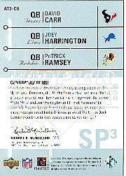 2002 SP Authentic Threads Triples #AT3CH David Carr/Joey Harrington/Patrick Ramsey back image