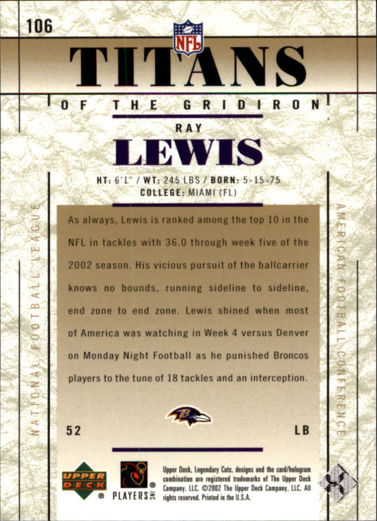 2002 SP Legendary Cuts #106 Ray Lewis TG back image