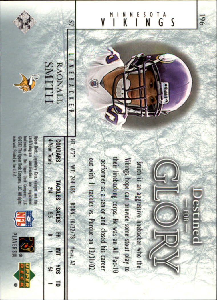 2002 SP Legendary Cuts #196 Raonall Smith RC back image