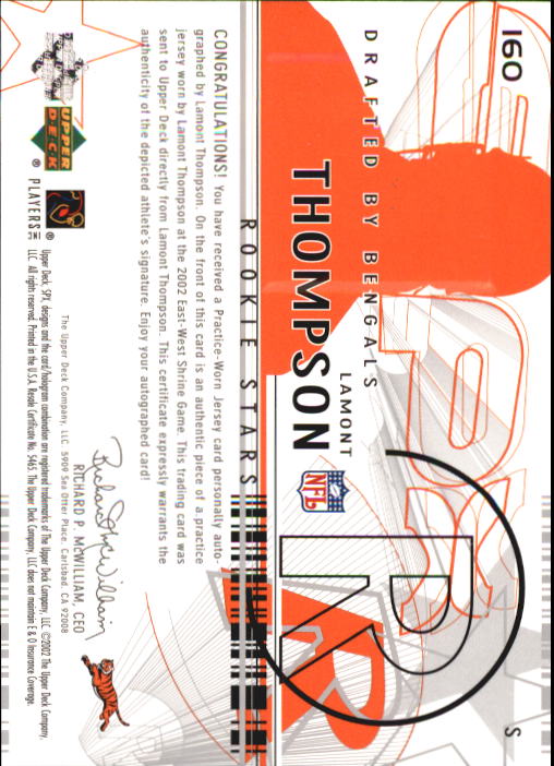2002 SPx #160 Lamont Thompson JSY AU RC back image