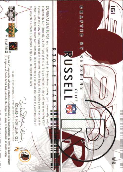 2002 SPx #161 Cliff Russell JSY AU RC back image