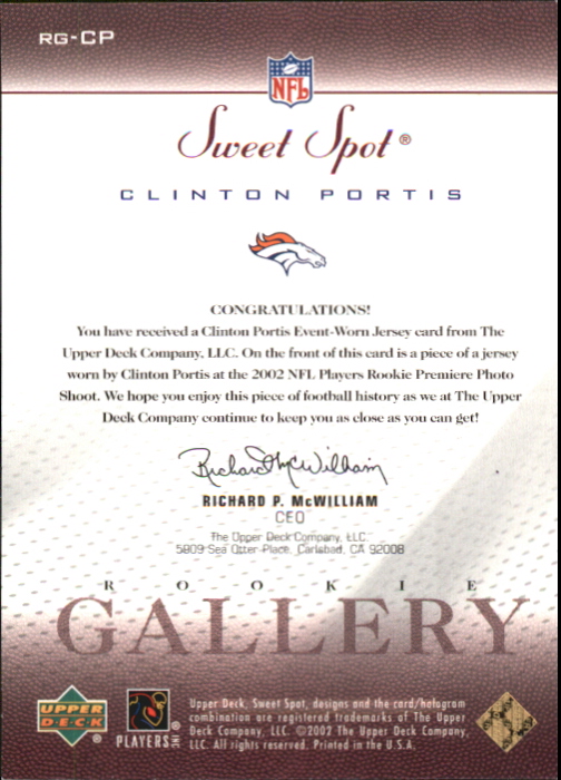 2002 Sweet Spot Rookie Gallery Jersey #RGCP Clinton Portis back image