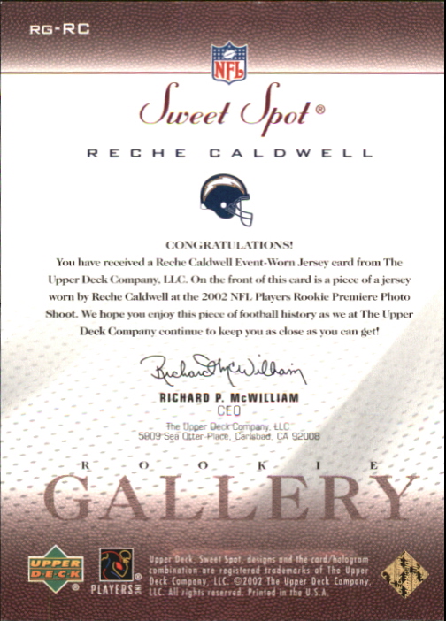 2002 Sweet Spot Rookie Gallery Jersey #RGRC Reche Caldwell back image