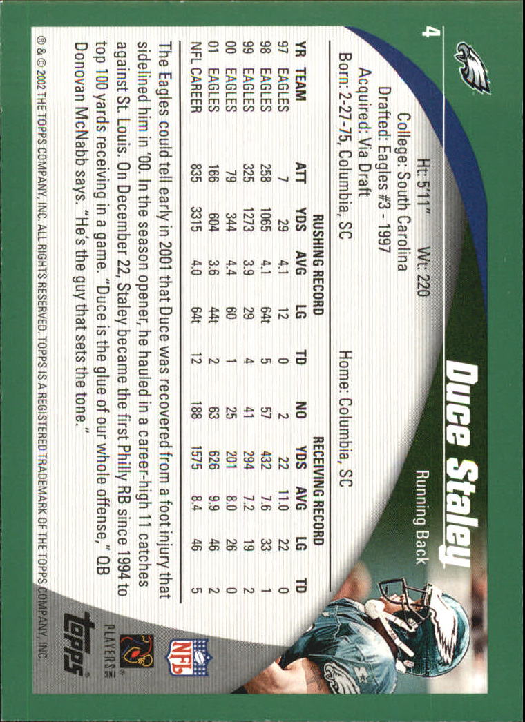 2002 Topps #4 Duce Staley back image