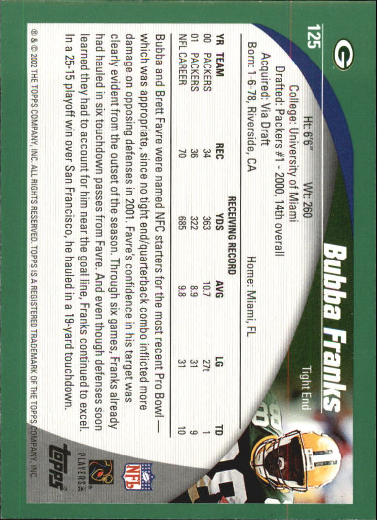 2002 Topps #125 Bubba Franks back image