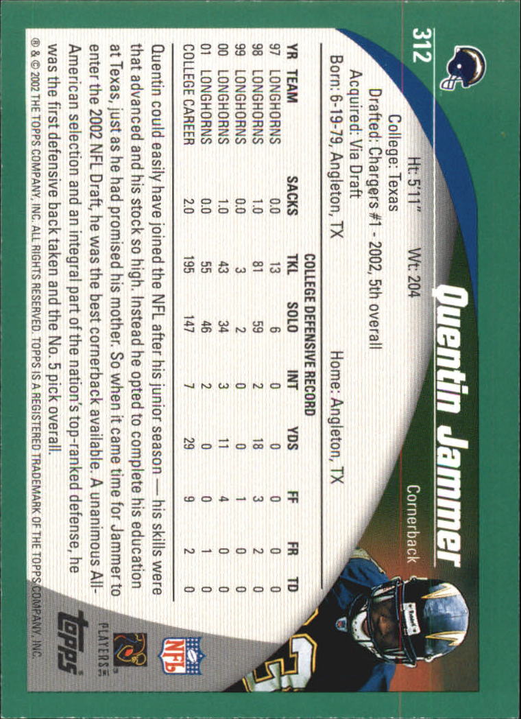 2002 Topps #312 Quentin Jammer RC back image