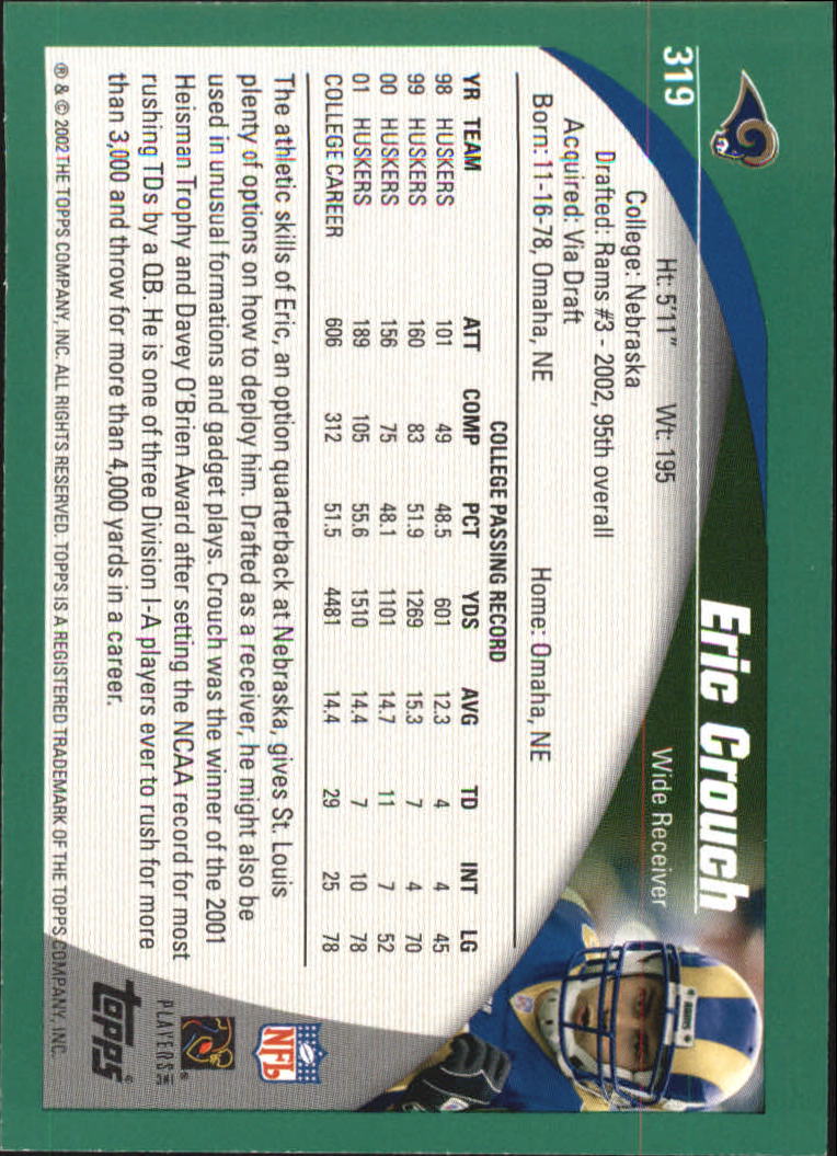 2002 Topps #319 Eric Crouch RC back image