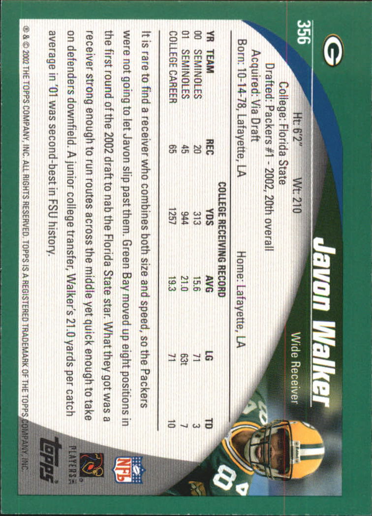 2002 Topps #356 Javon Walker RC back image