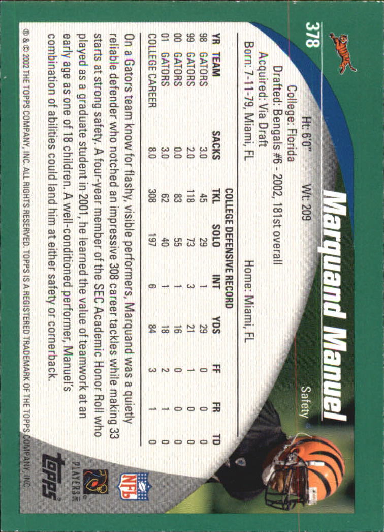 2002 Topps #378 Marquand Manuel RC back image