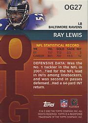 2002 Topps Own The Game #OG27 Ray Lewis back image