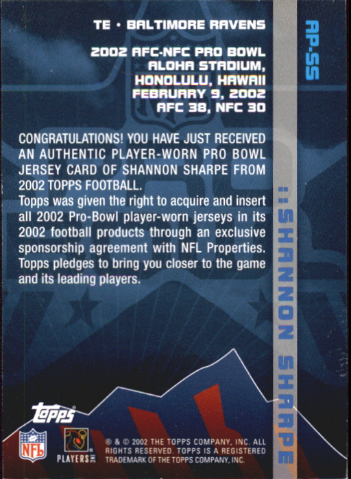 2002 Topps Pro Bowl Jerseys #APSS Shannon Sharpe - NM-MT