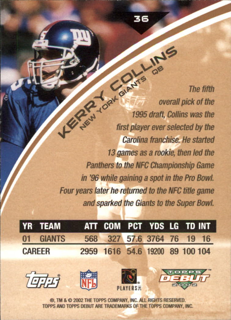 2002 Topps Debut #36 Kerry Collins back image