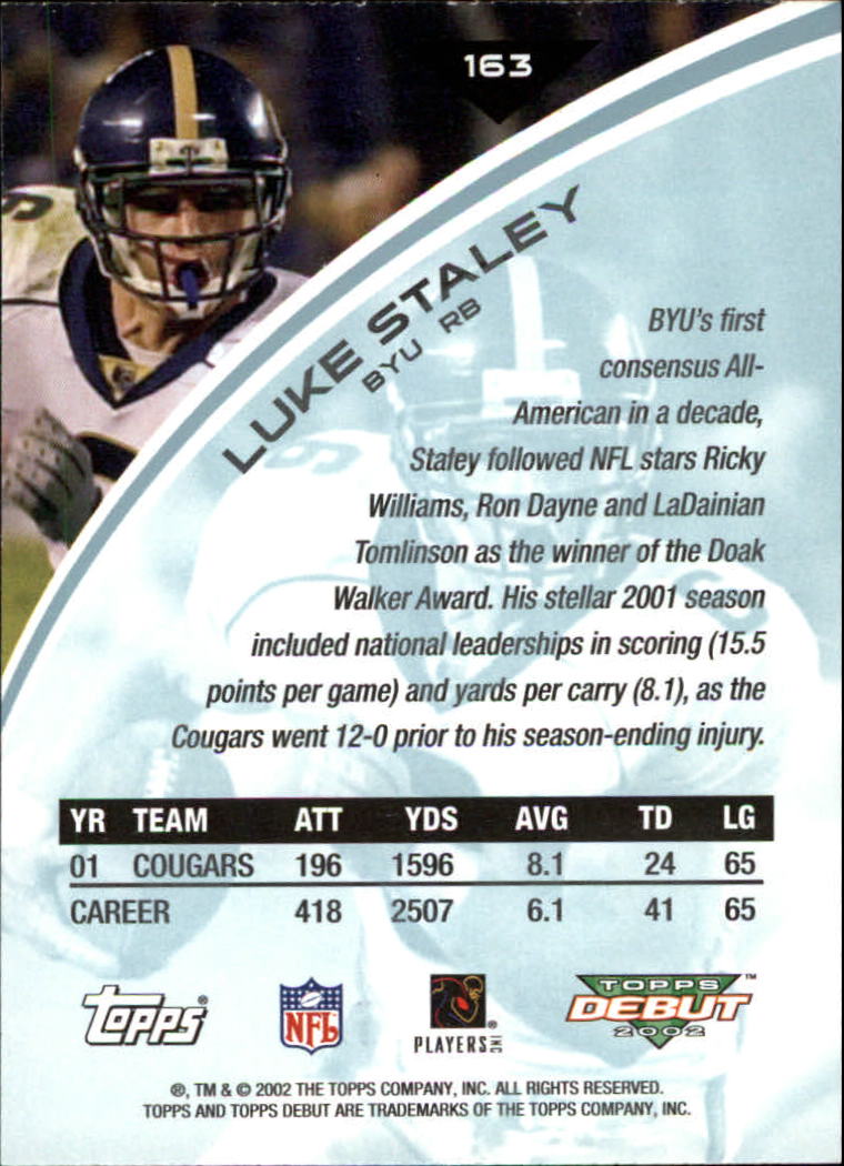 2002 Topps Debut #163 Luke Staley RC back image