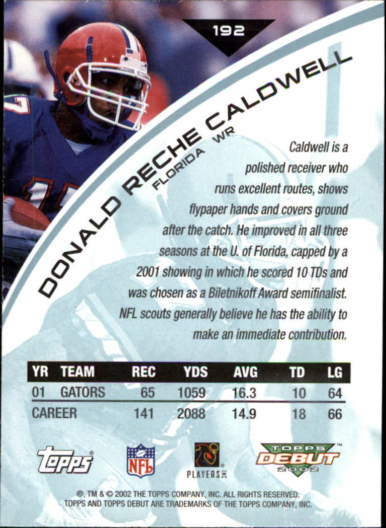 2002 Topps Debut #192 Reche Caldwell RC back image
