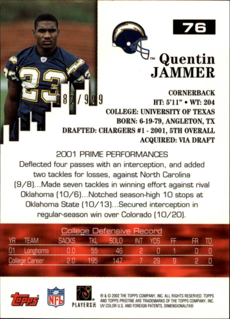 2002 Topps Pristine #76 Quentin Jammer U back image