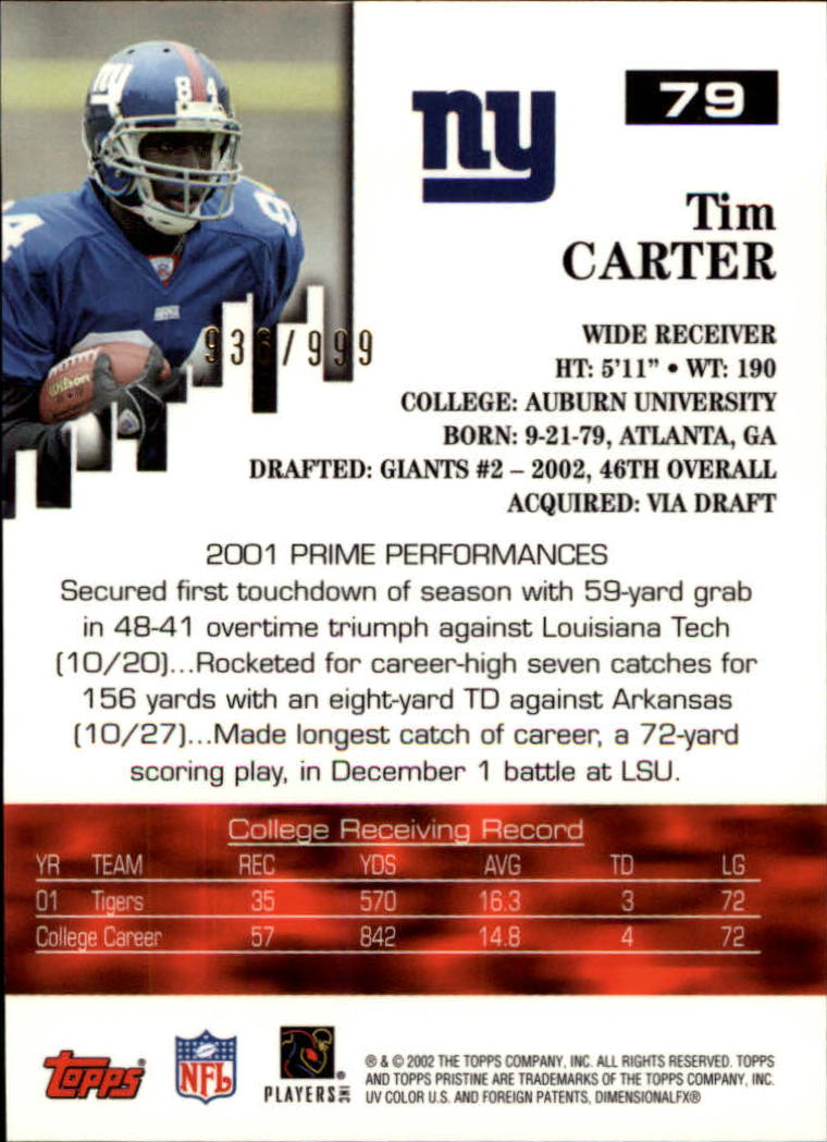 2002 Topps Pristine #79 Tim Carter U back image