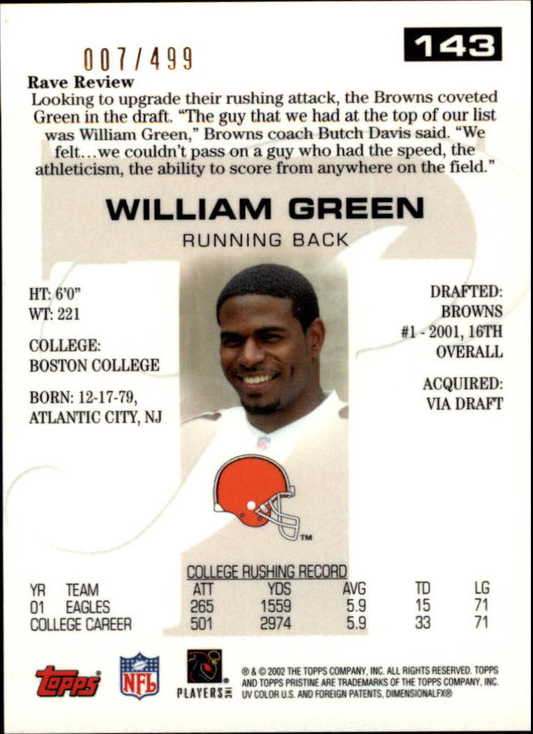2002 Topps Pristine #143 William Green R back image