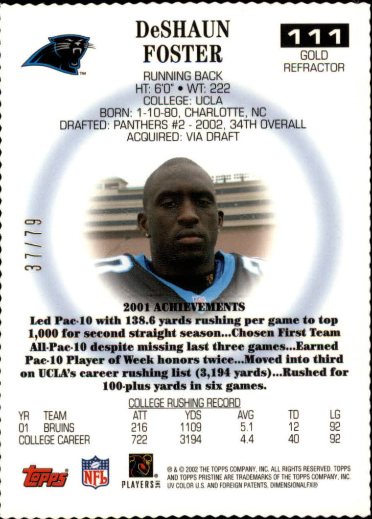 2002 Topps Pristine Gold Refractors #111 DeShaun Foster C back image