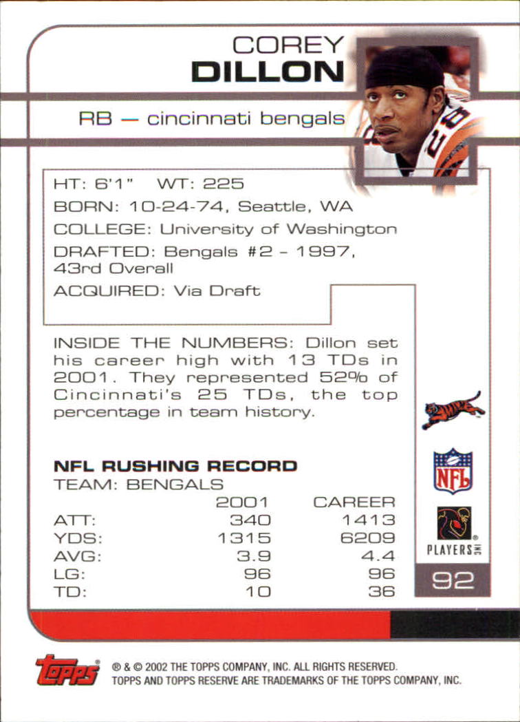 2002 Topps Reserve #92 Corey Dillon back image