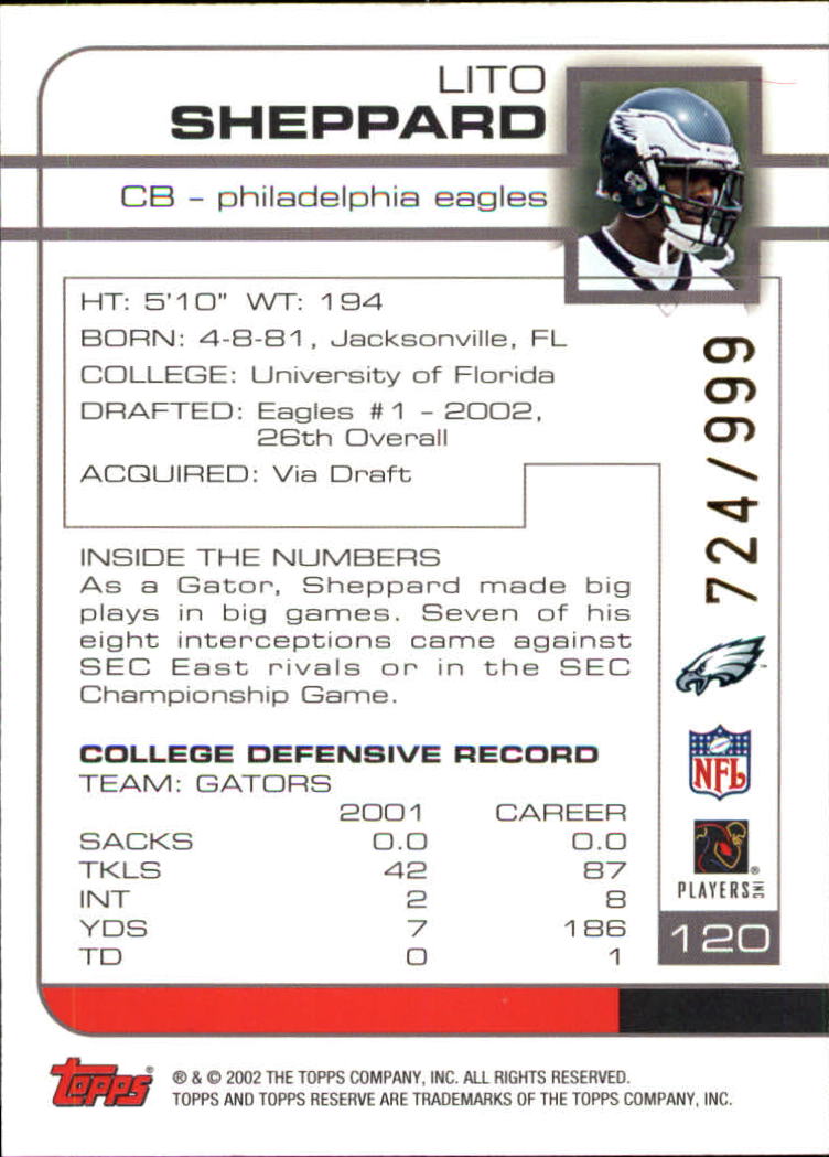 2002 Topps Reserve #120 Lito Sheppard RC back image