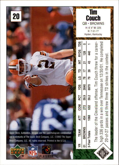 2002 UD Authentics #20 Tim Couch back image