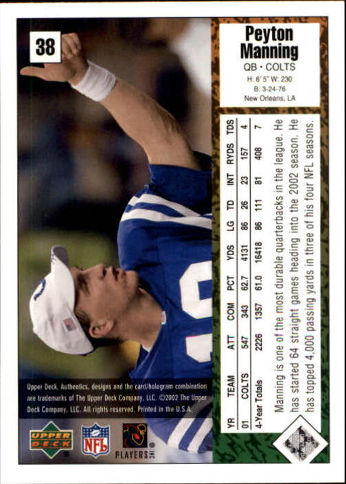 2002 UD Authentics #38 Peyton Manning back image