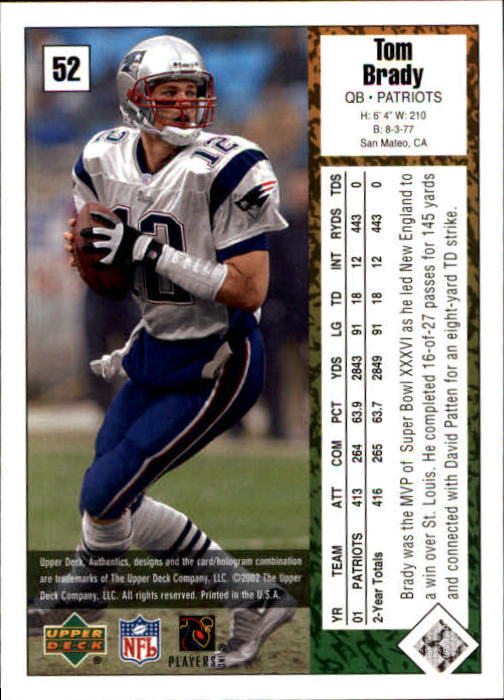 2002 UD Authentics #52 Tom Brady back image