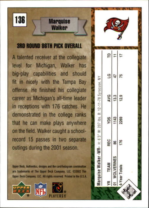 2002 UD Authentics #136 Marquise Walker RC back image
